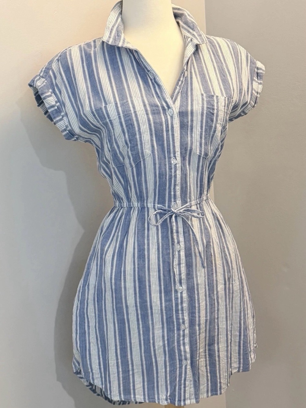 Blue & White Striped 100% Cotton Shirt Dress Coastal Preppy Size M